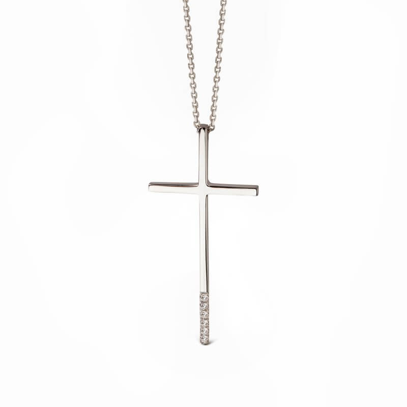 Minimal white gold cross with diamond edge