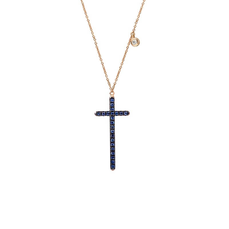 Blue sapphire long cross pendant with one diamond