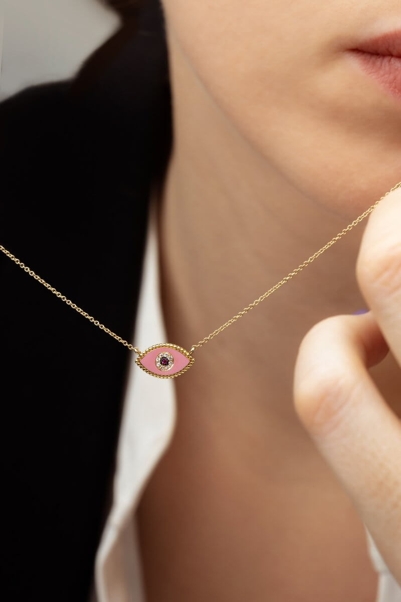 Pink Eye necklace with ruby and diamonds