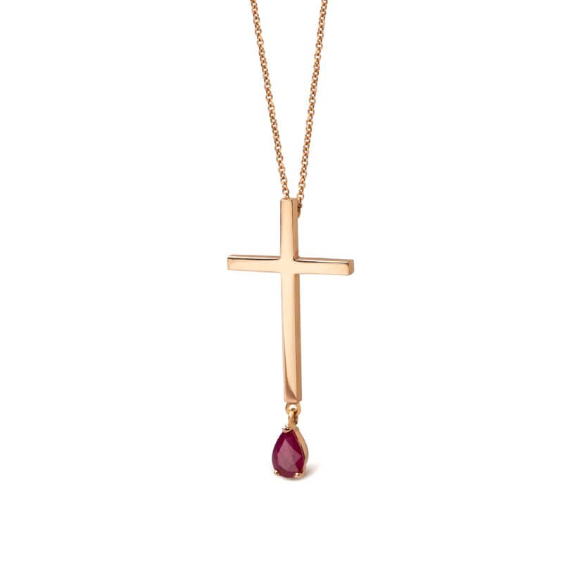 14k rose gold cross with a ruby drop hanging
