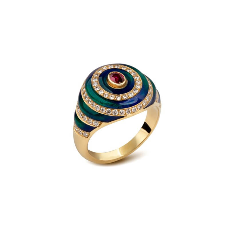 Enameled ring with an oval ruby and diamonds