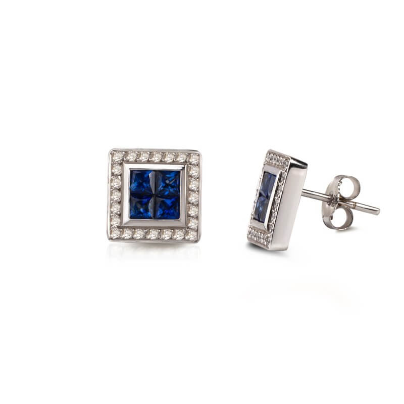 Square stud earrings with sapphires