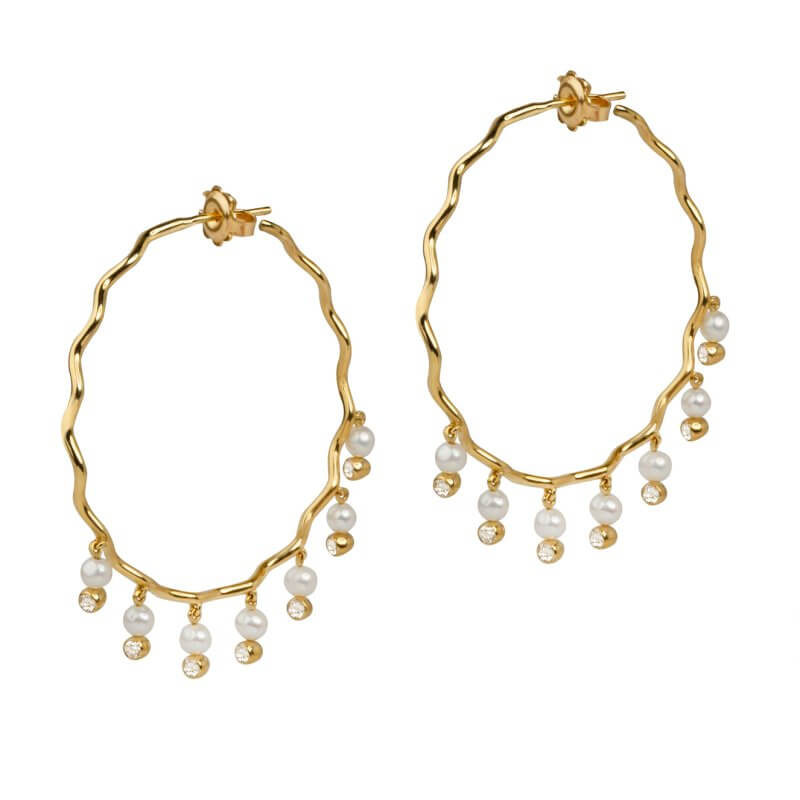 Wavy hoops with dangling pearls and diamonds