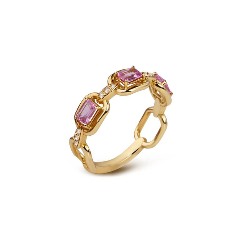 Chain ring with pink sapphires and diamonds