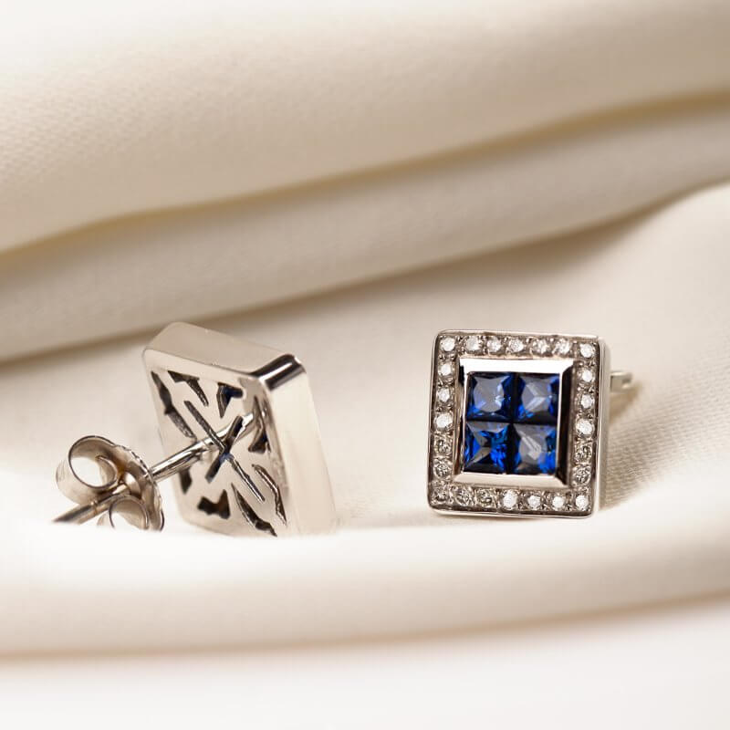 Square stud earrings with sapphires