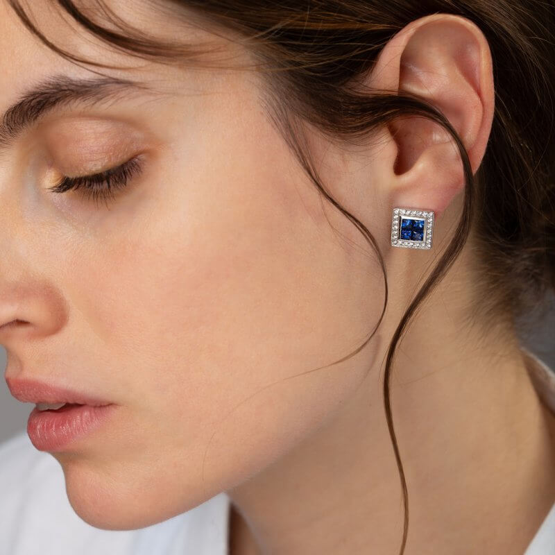 Square stud earrings with sapphires