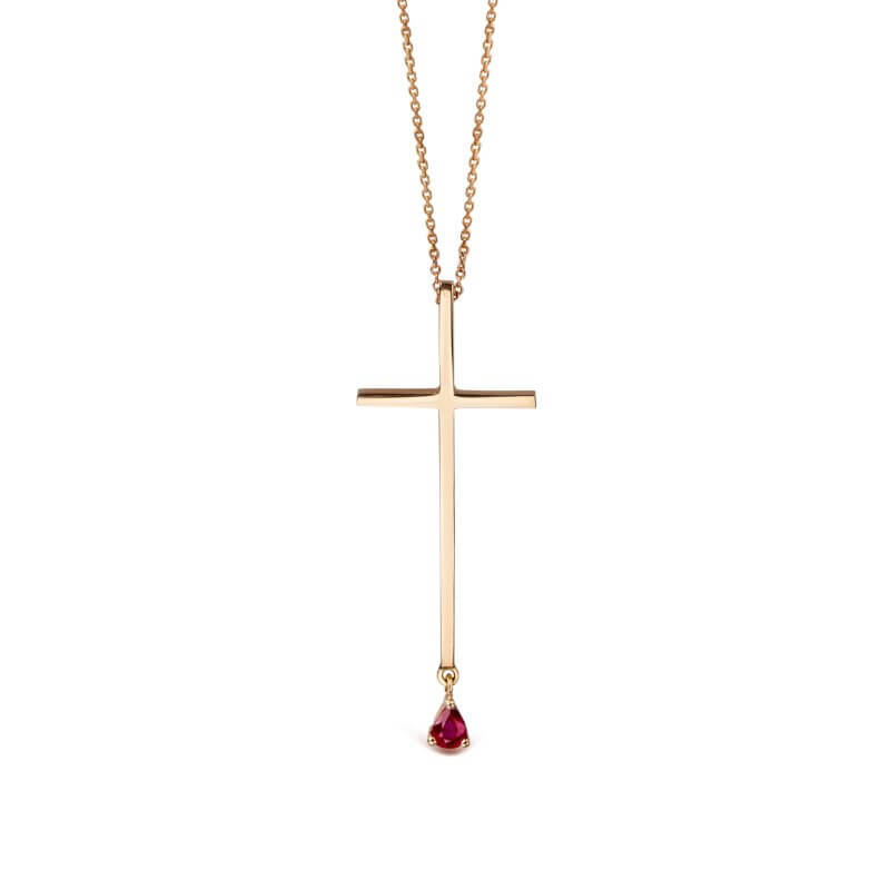 Cross necklace with a drop ruby